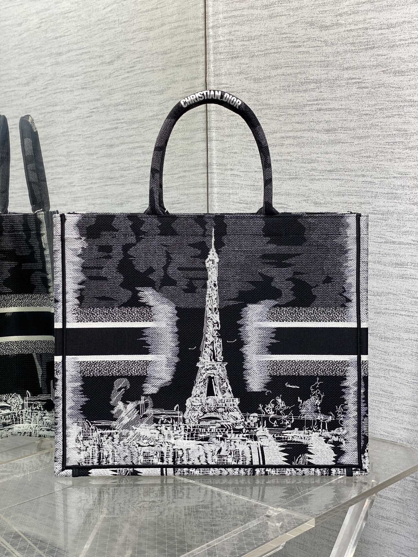 Large Dior Book Tote Bag White and Black Paris Embroidery